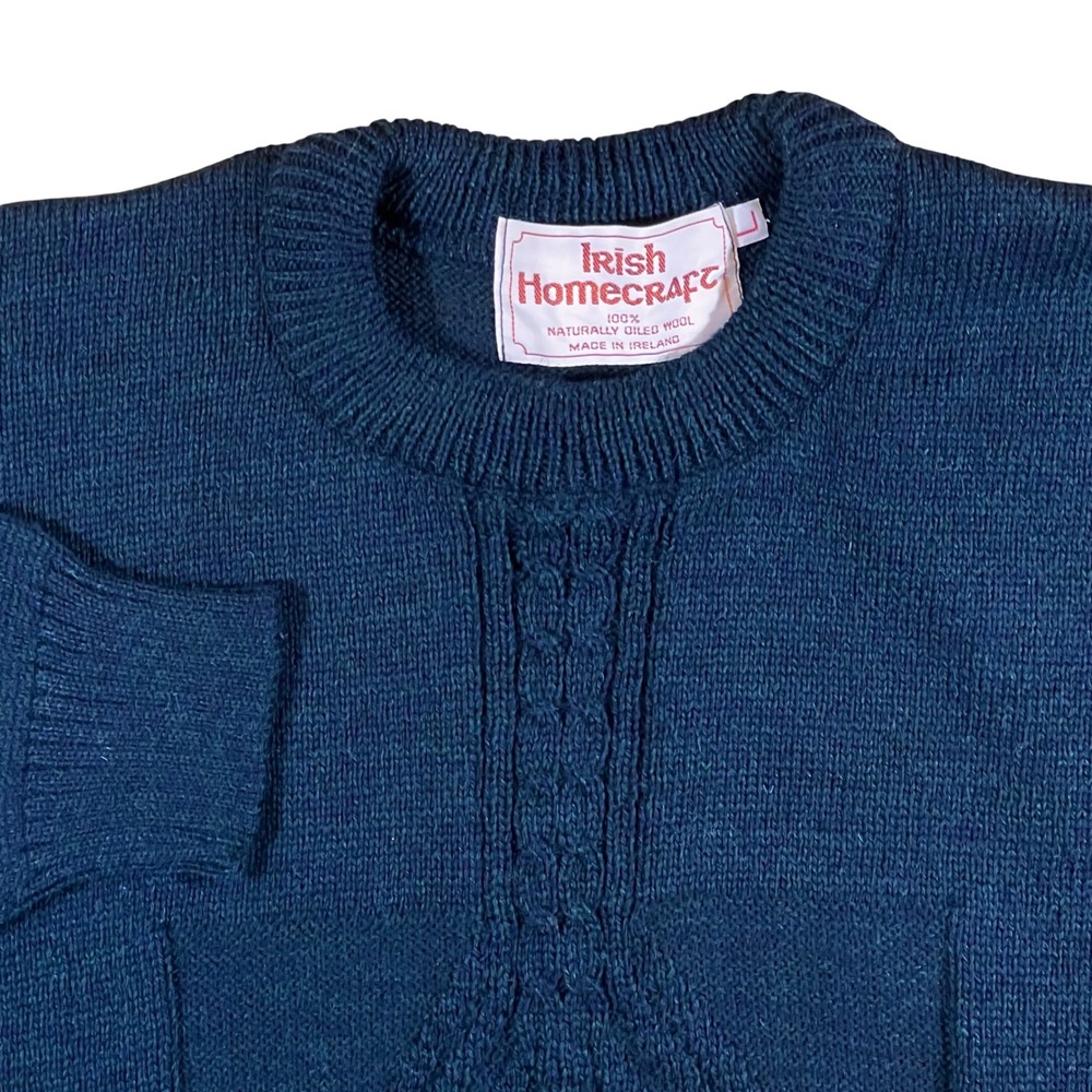 VTG Irish Homecraft Boiled Wool Sweater Mens L Navy Blue Cable knit Fisherman